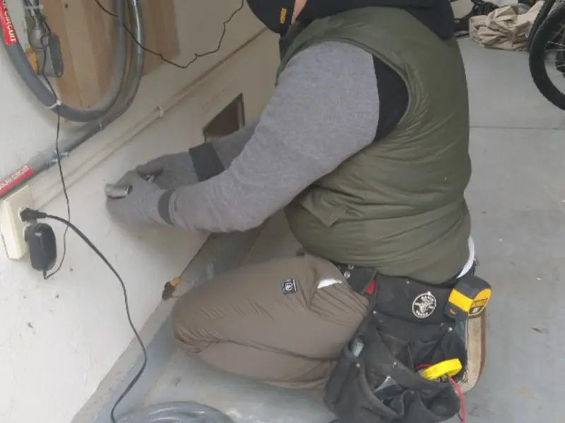 Electrician performing outlet wiring in a Sidney garage